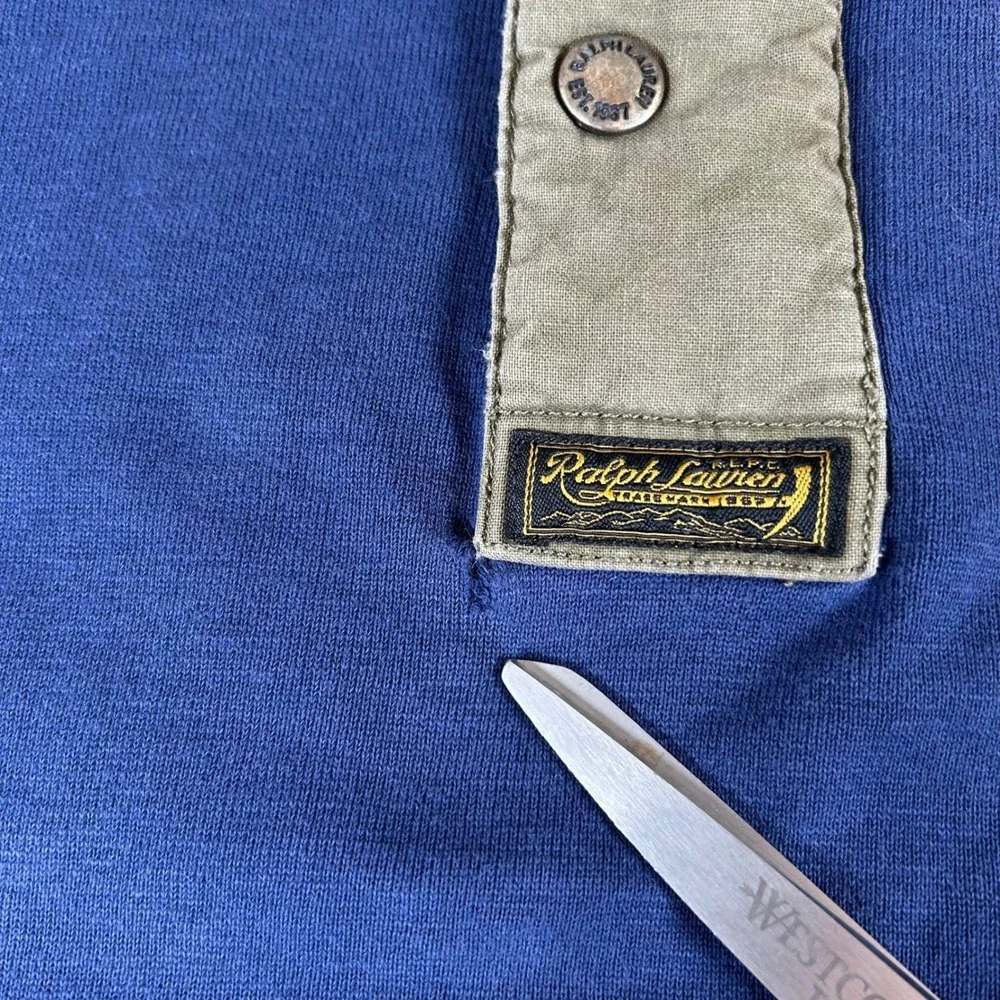 VTG Polo Ralph Lauren Pullover Mens Medium Blue Quarter Zip Military Elbow Patch